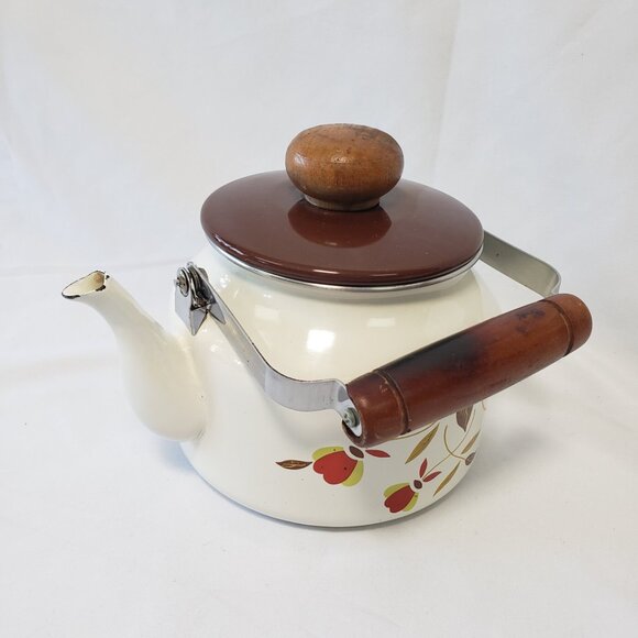Hall Enamelware Autumn Leaf Teapot Jewel Tea Pot Enamel Metal Kettle Round Wood - Picture 15 of 16